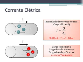 Corrente Elétrica
          I
                      Intensidade de corrente elétrica I
                              Carga elétrica Q
      Q
          Q                             Q
      Q                           I
                                          t
                          SI: [I]=A ; [Q]=C ; [t]=s .
          I
                             Carga elementar: e
              e           Carga de cada elétron: -e
                  e       Carga de cada próton: +e
              e             e=1,6.10-19 coulombs
 