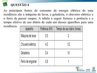 As principais fontes de consumo de energia elétrica de uma
residência são a máquina de lavar, a geladeira, o chuveiro elétrico e
o ferro de passar roupas. A tabela a seguir fornece a potência e o
tempo efetivo de uso diário de cada um desses aparelhos para uma
residência.
QUESTÃO 4
 