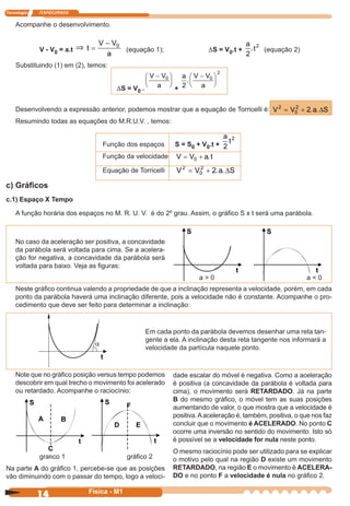 Tecnologia ITAPECURSOS
14 cor preto
14 Física - M1
a > 0 a < 0
Acompanhe o desenvolvimento.
V - V0 = a.t ⇒ t
V V
a
=
− 0
(equação 1); DS = V0.t +
a
t
2
2
. (equação 2)
Substituindo (1) em (2), temos:
DS = V0 .
V V
a
−





0
+
a V V
a2
0
2
.
−





Desenvolvendo a expressão anterior, podemos mostrar que a equação de Torricelli é: V V a S2
0
2
2= + . .∆
Resumindo todas as equações do M.R.U.V. , temos:
Função dos espaços S = S0 + V0.t +
a
t
2
2
Função da velocidade V V a t= +0 .
Equação de Torricelli V V a S2
0
2
2= + . .∆
c) Gráﬁcos
c.1) Espaço X Tempo
A função horária dos espaços no M. R. U. V. é do 2º grau. Assim, o gráﬁco S x t será uma parábola.
gráﬁco 1 gráﬁco 2
No caso da aceleração ser positiva, a concavidade
da parábola será voltada para cima. Se a acelera-
ção for negativa, a concavidade da parábola será
voltada para baixo. Veja as ﬁguras:
Neste gráﬁco continua valendo a propriedade de que a inclinação representa a velocidade, porém, em cada
ponto da parábola haverá uma inclinação diferente, pois a velocidade não é constante. Acompanhe o pro-
cedimento que deve ser feito para determinar a inclinação:
Em cada ponto da parábola devemos desenhar uma reta tan-
gente a ela. A inclinação desta reta tangente nos informará a
velocidade da partícula naquele ponto.
Note que no gráﬁco posição versus tempo podemos
descobrir em qual trecho o movimento foi acelerado
ou retardado. Acompanhe o raciocínio:
Na parte A do gráﬁco 1, percebe-se que as posições
vão diminuindo com o passar do tempo, logo a veloci-
dade escalar do móvel é negativa. Como a aceleração
é positiva (a concavidade da parábola é voltada para
cima), o movimento será RETARDADO. Já na parte
B do mesmo gráﬁco, o móvel tem as suas posições
aumentando de valor, o que mostra que a velocidade é
positiva.Aaceleração é, também, positiva, o que nos faz
concluir que o movimento é ACELERADO. No ponto C
ocorre uma inversão no sentido do movimento. Isto só
é possível se a velocidade for nula neste ponto.
O mesmo raciocínio pode ser utilizado para se explicar
o motivo pelo qual na região D existe um movimento
RETARDADO, na região E o movimento é ACELERA-
DO e no ponto F a velocidade é nula no gráﬁco 2.
 