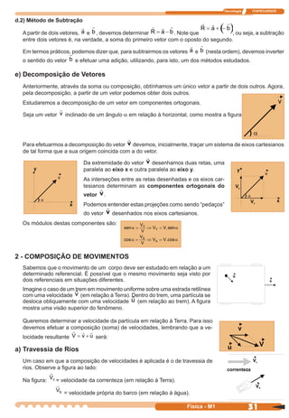 Tecnologia ITAPECURSOS
31 cor preto
31Física - M1
d.2) Método de Subtração
A partir de dois vetores, a e b , devemos determinar R a b= − . Note que
( )R a b= + −
, ou seja, a subtração
entre dois vetores é, na verdade, a soma do primeiro vetor com o oposto do segundo.
Em termos práticos, podemos dizer que, para subtrairmos os vetores a e b (nesta ordem), devemos inverter
o sentido do vetor b e efetuar uma adição, utilizando, para isto, um dos métodos estudados.
e) Decomposição de Vetores
Anteriormente, através da soma ou composição, obtínhamos um único vetor a partir de dois outros. Agora,
pela decomposição, a partir de um vetor podemos obter dois outros.
Estudaremos a decomposição de um vetor em componentes ortogonais.
Seja um vetor v inclinado de um ângulo a em relação à horizontal, como mostra a ﬁgura.
Para efetuarmos a decomposição do vetor v devemos, inicialmente, traçar um sistema de eixos cartesianos
de tal forma que a sua origem coincida com a do vetor.
Da extremidade do vetor v desenhamos duas retas, uma
paralela ao eixo x e outra paralela ao eixo y.
As interseções entre as retas desenhadas e os eixos car-
tesianos determinam as componentes ortogonais do
vetor v.
Podemos entender estas projeções como sendo “pedaços”
do vetor v desenhados nos eixos cartesianos.
2 - COMPOSIÇÃO DE MOVIMENTOS
Sabemos que o movimento de um corpo deve ser estudado em relação a um
determinado referencial. É possível que o mesmo movimento seja visto por
dois referenciais em situações diferentes.
Imagine o caso de um trem em movimento uniforme sobre uma estrada retilínea
com uma velocidade v (em relação à Terra). Dentro do trem, uma partícula se
desloca obliquamente com uma velocidade u (em relação ao trem). A ﬁgura
mostra uma visão superior do fenômeno.
Queremos determinar a velocidade da partícula em relação à Terra. Para isso
devemos efetuar a composição (soma) de velocidades, lembrando que a ve-
locidade resultante V v u= + será:
a) Travessia de Rios
Um caso em que a composição de velocidades é aplicada é o de travessia de
rios. Observe a ﬁgura ao lado:
Na ﬁgura: Vc = velocidade da correnteza (em relação à Terra).
Vb = velocidade própria do barco (em relação à água).
sen .sen
cos .cos
α α
α α
= ⇒ =
= ⇒ =
V
V
V V
V
V
V V
Y
Y
X
X
Os módulos destas componentes são:
 