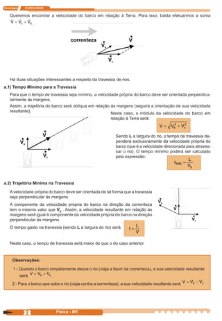 Tecnologia ITAPECURSOS
32 cor preto
32 Física - M1
Queremos encontrar a velocidade do barco em relação à Terra. Para isso, basta efetuarmos a soma
V V Vc b= +
.
Há duas situações interessantes a respeito da travessia de rios.
a.1) Tempo Mínimo para a Travessia
Para que o tempo de travessia seja mínimo, a velocidade própria do barco deve ser orientada perpendicu-
larmente às margens.
Assim, a trajetória do barco será oblíqua em relação às margens (seguirá a orientação de sua velocidade
resultante).
Neste caso, o módulo da velocidade do barco em
relação à Terra será:
Sendo L a largura do rio, o tempo de travessia de-
penderá exclusivamente da velocidade própria do
barco (que é a velocidade direcionada para atraves-
sar o rio). O tempo mínimo poderá ser calculado
pela expressão:
a.2) Trajetória Mínima na Travessia
A velocidade própria do barco deve ser orientada de tal forma que a travessia
seja perpendicular às margens.
A componente da velocidade própria do barco na direção da correnteza
tem o mesmo valor que Vc . Assim, a velocidade resultante em relação às
margens será igual à componente da velocidade própria do barco na direção
perpendicular às margens.
O tempo gasto na travessia (sendo L a largura do rio) será:
Neste caso, o tempo de travessia será maior do que o do caso anterior.
Observações:
1 - Quando o barco simplesmente desce o rio (viaja a favor da correnteza), a sua velocidade resultante
será
V V Vb c= +
.
2 - Para o barco que sobe o rio (viaja contra a correnteza), a sua velocidade resultante será
V V Vb c= −
t
L
V
MIN
b
=
V V Vb c= +2 2
t
L
V
=
 