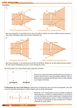 Tecnologia ITAPECURSOS
36 Física - M2
As lentes podem ser representadas pelos seguintes símbolos:
Faremos um desenvolvimento semelhante ao que foi feito no
capítulo anterior para o caso de espelhos esféricos. Na ver-
dade existe uma grande semelhança entre os raios notáveis
e as imagens formadas.
Ar
N
Vidro
N
Lente convergente de bordas ﬁnas
ArN
Vidro
N
Lente divergente de bordas grossas
Vidro
Vidro
N
Ar
N
Lente
divergente de bordas ﬁnas
N
Ar
N
Lente convergente de bordas grossas
Exemplos:
1)
Nas duas situações, o raio afasta-se da reta normal N ao refratar-se na face esférica porque passa do
meio mais refringente (vidro) para menos refringente (ar).
2)
Nas duas situações, o raio aproxima-se da reta normal N ao refratar-se na face esférica porque passa
do meio menos refringente (ar) para o mais refringente (vidro).
Ar Ar
Vidro
Vidro
C) Elementos de uma Lente Esférica: Deﬁniremos os elementos para uma lente convergente, mas tudo
o que for discutido neste tópico é válido também para as lentes divergentes.
A F 0 F’ A’
Na ﬁgura, F e F’ representam os focos da lente. A distância
entre cada foco e a lente é a distância focal (f). Os pontos A
e A’ são chamados de ponto antiprincipal. A distância entre
cada ponto antiprincipal e a lente é o dobro da distância fo-
cal. O ponto O (interseção do eixo principal com a lente) é
chamado de centro óptico.
 