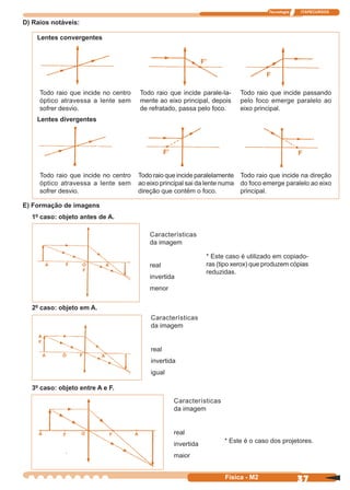 Tecnologia ITAPECURSOS
37Física - M2
D) Raios notáveis:
Lentes convergentes
E) Formação de imagens
1º caso: objeto antes de A.
Características
da imagem
real
invertida
menor
* Este caso é utilizado em copiado-
ras (tipo xerox) que produzem cópias
reduzidas.
2º caso: objeto em A.
Características
da imagem
real
invertida
igual
Todo raio que incide no centro
óptico atravessa a lente sem
sofrer desvio.
Todo raio que incide parale-la-
mente ao eixo principal, depois
de refratado, passa pelo foco.
Todo raio que incide passando
pelo foco emerge paralelo ao
eixo principal.
Lentes divergentes
Todo raio que incide no centro
óptico atravessa a lente sem
sofrer desvio.
Todo raio que incide paralelamente
ao eixo principal sai da lente numa
direção que contém o foco.
Todo raio que incide na direção
do foco emerge paralelo ao eixo
principal.
F’
F
FF’
A F O
F
A
A
A
F
O F A
A F O F A
* Este é o caso dos projetores.
3º caso: objeto entre A e F.
Características
da imagem
real
invertida
maior
 