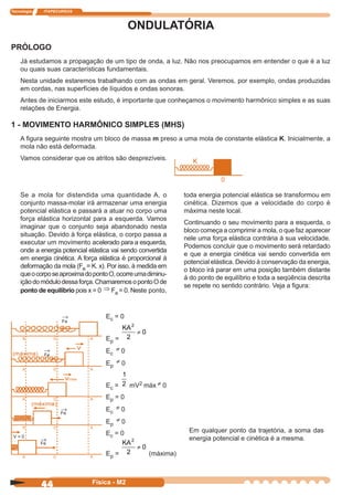 Tecnologia ITAPECURSOS
44 Física - M2
ONDULATÓRIA
PRÓLOGO
Já estudamos a propagação de um tipo de onda, a luz. Não nos preocupamos em entender o que é a luz
ou quais suas características fundamentais.
Nesta unidade estaremos trabalhando com as ondas em geral. Veremos, por exemplo, ondas produzidas
em cordas, nas superfícies de líquidos e ondas sonoras.
Antes de iniciarmos este estudo, é importante que conheçamos o movimento harmônico simples e as suas
relações de Energia.
1 - MOVIMENTO HARMÔNICO SIMPLES (MHS)
A ﬁgura seguinte mostra um bloco de massa m preso a uma mola de constante elástica K. Inicialmente, a
mola não está deformada.
Vamos considerar que os atritos são desprezíveis.
Se a mola for distendida uma quantidade A, o
conjunto massa-molar irá armazenar uma energia
potencial elástica e passará a atuar no corpo uma
força elástica horizontal para a esquerda. Vamos
imaginar que o conjunto seja abandonado nesta
situação. Devido à força elástica, o corpo passa a
executar um movimento acelerado para a esquerda,
onde a energia potencial elástica vai sendo convertida
em energia cinética. A força elástica é proporcional à
deformação da mola (Fe = K. x). Por isso, à medida em
queocorposeaproximadopontoO,ocorreumadiminu-
içãodomódulodessaforça.ChamaremosopontoOde
ponto de equilíbrio pois x = 0 ⇒ Fe = 0. Neste ponto,
toda energia potencial elástica se transformou em
cinética. Dizemos que a velocidade do corpo é
máxima neste local.
Continuando o seu movimento para a esquerda, o
bloco começa a comprimir a mola, o que faz aparecer
nele uma força elástica contrária à sua velocidade.
Podemos concluir que o movimento será retardado
e que a energia cinética vai sendo convertida em
potencial elástica. Devido à conservação da energia,
o bloco irá parar em uma posição também distante
à do ponto de equilíbrio e toda a seqüência descrita
se repete no sentido contrário. Veja a ﬁgura:
Ec = 0
Ep =
KA2
2
0≠
Ec
≠ 0
Ep
≠ 0
Ec =
1
2 mV2 máx ≠ 0
Ep = 0
Ec
≠ 0
Ep
≠ 0
Ec = 0
Ep =
KA2
2
0≠
(máxima)
Em qualquer ponto da trajetória, a soma das
energia potencial e cinética é a mesma.
Fe
V = 0
Fe
Fe
Fe
→
→
→
→
 