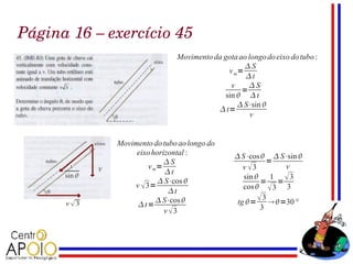 Página 16 – exercício 45
                              Movimento da gota ao longo do eixo do tubo :
                                                 S
                                            v m=
                                                  t
                                             v     S
                                                 =
                                           sin   t
                                                S⋅sin 
                                          t=
                                                    v


             Movimento do tubo ao longo do
                  eixo horizontal :             S⋅cos   S⋅sin 
                           S                            =
                      v m=                        v 3       v
                            t
                                                  sin  1  3
                          S⋅cos                      = =
                 v  3=                           cos   3 3
                            t
                                                tg =   =30 °
                          S⋅cos                       3
                   t=                                 3
                           v 3
 
