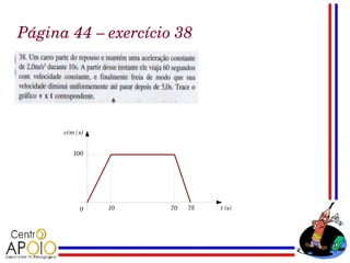 Página 44 – exercício 38




        v(m/s)


          100




            0     10                                70      75               t (s)
 