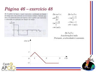 Página 46 – exercício 48
                                                         De o a 1 s :                     De 1 a 3 s :
                                                            v                                 v −1
                                                         a=                               −1=
                                                            t                                 2
                                                            v−0                           −2=v −1
                                                         1=
                                                            1                             v=−1 m/ s
                                                         v=1 m/ s

                                                                         De 3 a 5 s :
                                                                   A aceleração é nula.
                                                            Portanto , a velocidade é constante.
           v(m/s)




               1


               0     1                       3                          5         t (s)

              -1
 