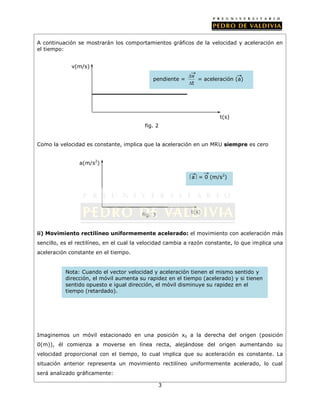 A continuación se mostrarán los comportamientos gráficos de la velocidad y aceleración en
el tiempo:


             v(m/s)
                                                           v
                                             pendiente =      = aceleración (a)
                                                           t




                                                                       t(s)
                                          fig. 2


Como la velocidad es constante, implica que la aceleración en un MRU siempre es cero


                a(m/s2)

                                                           a = 0 (m/s2)




                                                            t(s)
                                         fig. 3


ii) Movimiento rectilíneo uniformemente acelerado: el movimiento con aceleración más
sencillo, es el rectilíneo, en el cual la velocidad cambia a razón constante, lo que implica una
aceleración constante en el tiempo.


           Nota: Cuando el vector velocidad y aceleración tienen el mismo sentido y
           dirección, el móvil aumenta su rapidez en el tiempo (acelerado) y si tienen
           sentido opuesto e igual dirección, el móvil disminuye su rapidez en el
           tiempo (retardado).




Imaginemos un móvil estacionado en una posición x0 a la derecha del origen (posición
0(m)), él comienza a moverse en línea recta, alejándose del origen aumentando su
velocidad proporcional con el tiempo, lo cual implica que su aceleración es constante. La
situación anterior representa un movimiento rectilíneo uniformemente acelerado, lo cual
será analizado gráficamente:

                                                  3
 