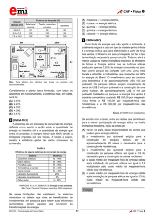 CNF  Física 
_________________________________________________________________________________________________________________________
Área do
cômodo (m2)
Até 6,0
6,0 a 7,5
7,5 a 10,5

(A)
(B)
(C)
(D)
(E)

Potência da lâmpada (W)
Sala/copa/
cozinha
60
100
100

Quarto, varanda e
corredor
60
100
100

Banheiro
60
60
100

mecânica
energia elétrica.
nuclear
energia elétrica.
química
energia elétrica.
química
energia térmica.
radiante
energia elétrica.

.9. (ENEM-MEC)

Obs.: Para efeitos
desconsideradas.

dos

cálculos

das

áreas,

as

paredes

Uma fonte de energia que não agride o ambiente, é
totalmente segura e usa um tipo de matéria-prima infinita
é a energia eólica, que gera eletricidade a partir da força
dos ventos. O Brasil é um país privilegiado por ter o tipo
de ventilação necessária para produzi-la. Todavia, ela é a
menos usada na matriz energética brasileira. O Ministério
de Minas e Energia estima que as turbinas eólicas
produzam apenas 0,25% da energia consumida no país.
Isso ocorre porque ela compete com uma usina mais
barata e eficiente: a hidrelétrica, que responde por 80%
da energia do Brasil. O investimento para se construir
uma hidrelétrica é de aproximadamente US$ 100 por
quilowatt. Os parques eólicos exigem investimento de
cerca de US$ 2 mil por quilowatt e a construção de uma
usina nuclear, de aproximadamente US$ 6 mil por
quilowatt. Instalados os parques, a energia dos ventos é
bastante competitiva, custando R$ 200,00 por megawatt-hora frente a R$ 150,00 por megawatt-hora das
hidrelétricas e a R$ 600,00 por megawatt-hora das
termelétricas.

são

Considerando a planta baixa fornecida, com todos os
aparelhos em funcionamento, a potência total, em watts,
será de
(A)
(B)
(C)
(D)
(E)

4.070.
4.270.
4.320.
4.390.
4.470.

Época, 21/4/2008 (com adaptações).

De acordo com o texto, entre as razões que contribuem
para a menor participação da energia eólica na matriz
energética brasileira, inclui-se o fato de

.8. (ENEM-MEC)
A eficiência de um processo de conversão de energia,
definida como sendo a razão entre a quantidade de
energia ou trabalho útil e a quantidade de energia que
entra no processo, é sempre menor que 100% devido a
limitações impostas por leis físicas. A tabela a seguir,
mostra a eficiência global de vários processos de
conversão.

(A) haver, no país, baixa disponibilidade de ventos que
podem gerar energia elétrica.
(B) o investimento por quilowatt exigido para a
construção
de
parques
eólicos
ser
de
aproximadamente 20 vezes o necessário para a
construção de hidrelétricas.
(C) o investimento por quilowatt exigido para a
construção de parques eólicos ser igual a 1/3 do
necessário para a construção de usinas nucleares.
(D) o custo médio por megawatt-hora de energia obtida
após instalação de parques eólicos ser igual a 1,2
multiplicado pelo custo médio do megawatt-hora
obtido das hidrelétricas.
(E) o custo médio por megawatt-hora de energia obtida
após instalação de parques eólicos ser igual a 1/3 do
custo médio do megawatt-hora obtido das
termelétricas.

TABELA
Eficiência de alguns sistemas de conversão de energia
Sistema
Geradores elétricos
Motor elétrico
Fornalha a gás
Termelétrica a carvão
Usina nuclear
Lâmpada fluorescente
Lâmpada incandescente
Célula solar

Eficiência
70 – 99%
50 – 95%
70 – 95%
30 – 40%
30 – 35%
20%
5%
5 – 28%

HINRICHS, R. A.; KLEINBACH, M. Energia e meio ambiente.
São Paulo: Pioneira Thompson Learning, 2003 (adaptado).

________________________________________________
*Anotações*

Se essas limitações não existissem, os sistemas
mostrados na tabela, que mais se beneficiariam de
investimentos em pesquisa para terem suas eficiências
aumentadas, seriam aqueles que envolvem as
transformações de energia
87

_____________________________________________________________________________________________________________________________ ____________________________________________________________________________________________________________________________ ____________________________________________________________________________________________________________________________________________________ ______________ _____________________________________________________________________________________________________________

SEE-AC  Coordenação de Ensino Médio

CNF  Física 

 