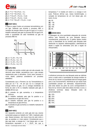 CNF  Física 
_________________________________________________________________________________________________________________________
___________________________________________________________________________________________________________________________________________________________________________________________________________________________________________________________________________________________________________________________________________________________________________________________________________________________ _____________________________________________________________________________________________________________
SEE-AC  Coordenação de Ensino Médio CNF  Física 69
(A) A  C  B e P1(V2 – V1).
(B) A  D  B e P2(V2 – V1).
(C) A  B e (P1 + P2) (V2 – V1)/2.
(D) A  B e (P1 – P2) (V2 – V1)/2.
(E) A  D  B e (P1 + P2) (V2 – V1)/2.
.13. (INEP-MEC)
A figura a seguir ilustra um processo termodinâmico em
um gás. Sabendo que durante o processo ABC a
variação da energia interna do gás foi igual a U e que o
trabalho realizado pelo gás no processo BC foi igual a W,
então a quantidade de calor transferida ao gás no
processo ABC foi:
(A) U + VA (PA – PC) + W.
(B) U + PA (VB – VA) – W.
(C) U + VC (PA – PC) + W.
(D) U + PA (VB – VA) + W.
.14. (UFU-MG)
Um botijão de cozinha contém gás sob alta pressão. Ao
abrirmos esse botijão, percebemos que o gás escapa
rapidamente para a atmosfera. Como esse processo é
muito rápido, podemos considerá-lo um processo
adiabático.
Considerando que a Primeira Lei da Termodinâmica é
dada por U = Q – W, em que U é a variação da
energia interna do gás, Q é a energia transferida na
forma de calor e W é o trabalho realizado pelo gás, é
correto afirmar que:
(A) A pressão do gás aumentou e a temperatura
diminuiu.
(B) O trabalho realizado pelo gás foi positivo e a
temperatura do gás não variou.
(C) O trabalho realizado pelo gás foi positivo e a
temperatura do gás diminuiu.
(D) A pressão do gás aumentou e o trabalho realizado foi
negativo.
.15. (INEP-MEC)
Um recipiente contendo um certo gás tem seu volume
aumentado graças ao trabalho de 1.664 J realizado pelo
gás. Nesse processo, não houve troca de calor entre o
gás, as paredes e o meio exterior. Considerando que o
gás seja ideal, a energia de 1 mol desse gás e a sua
temperatura equivalem a U = 20,8T, em que a
temperatura T é medida em kelvin e a energia U em
joule. Pode-se afirmar que, nessa transformação, a
variação de temperatura de um mol desse gás, em
kelvin, foi de:
(A) 50.
(B) – 60.
(C) – 80.
(D) 100.
(E) 90.
.16. (ENEM-MEC)
A passagem de uma quantidade adequada de corrente
elétrica pelo filamento de uma lâmpada deixa-o
incandescente, produzindo luz. O gráfico abaixo mostra
como a intensidade da luz emitida pela lâmpada está
distribuída no espectro eletromagnético, estendendo-se
desde a região do ultravioleta (UV) até a região do
infravermelho.
A eficiência luminosa de uma lâmpada pode ser definida
como a razão entre a quantidade de energia emitida na
forma de luz visível e a quantidade total de energia gasta
para o seu funcionamento. Admitindo-se que essas duas
quantidades possam ser estimadas, respectivamente,
pela área abaixo da parte da curva correspondente à
faixa de luz visível e pela área abaixo de toda a curva, a
eficiência luminosa dessa lâmpada seria de
aproximadamente
(A) 10%.
(B) 15%.
(C) 25%.
(D) 50%.
(E) 75%.
________________________________________________
*Anotações*
 