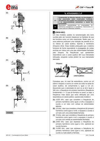 CNF  Física 
_________________________________________________________________________________________________________________________
___________________________________________________________________________________________________________________________________________________________________________________________________________________________________________________________________________________________________________________________________________________________________________________________________________________________ _____________________________________________________________________________________________________________
SEE-AC  Coordenação de Ensino Médio CNF  Física 52
(A)
(B)
(C)
(D)
________________________________________________
*Anotações*
********** ATIVIDADES 2 **********
C1
Compreender as ciências naturais e as tecnologias a
elas associadas como construções humanas,
percebendo seus papéis nos processos de produção
e no desenvolvimento econômico e social da
humanidade.
H1
Reconhecer características ou propriedades de
fenômenos ondulatórios ou oscilatórios, relacionando-os
a seus usos em diferentes contextos.
.9. (ENEM-MEC)
Um dos modelos usados na caracterização dos sons
ouvidos pelo ser humano baseia-se na hipótese de que
ele funciona como um tubo ressonante. Neste caso, os
sons externos produzem uma variação de pressão do ar
no interior do canal auditivo, fazendo a membrana
(tímpano) vibrar. Esse modelo pressupõe que o sistema
funciona de forma equivalente à propagação de ondas
sonoras em tubos com uma das extremidades fechadas
pelo tímpano. As frequências que apresentam
ressonância com o canal auditivo têm sua intensidade
reforçada, enquanto outras podem ter sua intensidade
atenuada.
Considere que, no caso de ressonância, ocorra um nó
sobre o tímpano e ocorra um ventre da onda na saída do
canal auditivo, de comprimento L igual a 3,4 cm.
Assumindo que a velocidade do som no ar (v) é igual a
340 m/s, a frequência do primeiro harmônico (frequência
fundamental, n = 1) que se formaria no canal, ou seja, a
frequência mais baixa que seria reforçada por uma
ressonância no canal auditivo, usando este modelo é
(A) 0,025 kHz, valor que considera a frequência do
primeiro harmônico como igual a nv/4L e equipara o
ouvido a um tubo com ambas as extremidades
abertas.
(B) 2,5 kHz, valor que considera a frequência do primeiro
harmônico como igual a nv/4L e equipara o ouvido a
um tubo com uma extremidade fechada.
(C) 10 kHz, valor que considera a frequência do primeiro
harmônico como igual a nv/L e equipara o ouvido a
um tubo com ambas as extremidades fechadas.
(D) 2.500 kHz, valor que expressa a frequência do
primeiro harmônico como igual a nv/L, aplicável ao
ouvido humano.
(E) 10.000 kHz, valor que expressa a frequência do
primeiro harmônico como igual a nv/L, aplicável ao
ouvido e a tubo aberto e fechado.
 