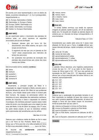 CNF  Física 
_________________________________________________________________________________________________________________________
___________________________________________________________________________________________________________________________________________________________________________________________________________________________________________________________________________________________________________________________________________________________________________________________________________________________ _____________________________________________________________________________________________________________
SEE-AC  Coordenação de Ensino Médio CNF  Física 56
De acordo com essa representação e com os dados da
tabela, os pontos indicados por 1, 2, 3 e 4 correspondem,
respectivamente, a:
(A) Io, Europa, Ganimedes e Calisto.
(B) Ganimedes, Io, Europa e Calisto.
(C) Europa, Calisto, Ganimedes e Io.
(D) Calisto, Ganimedes, Io e Europa.
(E) Calisto, Io, Europa e Ganimedes.
.5. (INEP-MEC)
Ao ser examinado sobre o movimento dos planetas do
sistema solar, um aluno escreveu os seguintes
enunciados para as leis de Kepler.
I. Qualquer planeta gira em torno do Sol,
descrevendo uma órbita elíptica, da qual o Sol
ocupa um dos focos.
II. O segmento de reta que une um planeta ao Sol
“varre” áreas proporcionais aos intervalos de
tempo dos percursos.
III. Os quadrados dos períodos de revolução dos
planetas são proporcionais aos cubos dos raios
médios das órbitas.
Dos enunciados acima, está(ão) correto(s):
(A) todos.
(B) nenhum.
(C) somente I.
(D) somente II.
(E) somente III.
.6. (INEP-MEC)
Atualmente, o principal projeto da Nasa é a
preparação da viagem tripulada a Marte, prevista para a
segunda década do século XXI. Mais do que problemas
técnicos, uma missão desse porte ainda é inviável pelo
fator humano. No espaço, os astronautas sofrem de
distúrbios do sono, alterações dos batimentos cardíacos,
atrofias de músculos e ossos e depressão do sistema
imunológico. Os cientistas precisam superar esses males
antes de enviar uma tripulação para uma viagem de dois
anos até Marte. A ida de Glenn ao espaço, aos 77 anos,
faz parte desse projeto, já que os distúrbios sofridos
pelos astronautas são semelhantes aos da velhice.
Zero Hora, 23/10/1998.
Sabe-se que a distância média de Marte ao Sol é maior
que a da Terra ao Sol. Portanto, Marte leva _______
tempo que a Terra para dar uma volta completa em torno
do Sol e sua velocidade orbital é _______ que a da Terra.
As lacunas são corretamente preenchidas,
respectivamente, por:
(A) menos; menor.
(B) menos; maior.
(C) o mesmo; menor.
(D) mais; maior.
(E) mais; menor.
.7. (PUC-SP)
A sonda Galileo terminou sua tarefa de capturar
imagens do planeta Júpiter quando, em 29 de setembro
deste ano, foi lançada em direção ao planeta depois de
orbitá-lo por um intervalo de tempo correspondente a 8
anos terrestres.
Folha de S. Paulo, 22/11/2004.
Considerando que Júpiter está cerca de 5 vezes mais
afastado do Sol do que a Terra, é correto afirmar que,
nesse intervalo de tempo, Júpiter completou, em torno do
Sol,
(A) cerca de 1,6 volta.
(B) menos de meia volta.
(C) aproximadamente 8 voltas.
(D) aproximadamente 11 voltas.
(E) aproximadamente 3/4 de volta.
.8. (UEL-PR)
O planeta Vênus descreve uma trajetória praticamente
circular de raio 1,0 1011 m ao redor do Sol. Sendo a
massa de Vênus igual a 5,0 1024 kg e seu período de
translação de 224,7 dias (2,0 107 segundos), pode-se
afirmar que a força exercida pelo Sol sobre Vênus é, em
newtons, aproximadamente:
(A) 5,0 1022.
(B) 5,0 1020.
(C) 2,5 1015.
(D) 5,0 1013.
(E) 2,5 1011.
.9. (FMTM-MG)
Sabe-se que a aceleração da gravidade terrestre é um
fator importante na medição do peso dos corpos e que
seu valor numérico depende, basicamente, da altura em
relação à Terra em que esses corpos se encontram.
Ainda se pode dizer que seu valor é:
(A) máximo no Equador e mínimo no Polo Norte.
(B) mínimo no Equador e máximo no Polo Norte.
(C) igual no Equador e no Polo Norte.
(D) nulo no Polo Norte, crescente em latitudes de 90º a
0º.
(E) nulo no Equador, crescente em latitudes de 0º a 90º.
________________________________________________
*Anotações*
 