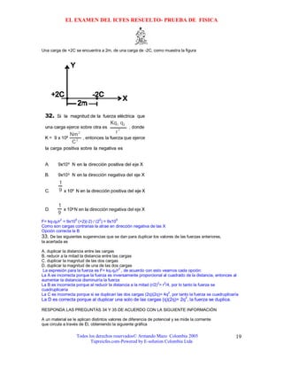 EL EXAMEN DEL ICFES RESUELTO- PRUEBA DE FISICA




Una carga de +2C se encuentra a 2m, de una carga de -2C, como muestra la figura




F= kq1q2/r2 = 9x109 (+2)(-2) / (22) = 9x109
Como son cargas contrarias la atrae en dirección negativa de las X
Opción correcta la B
33. De las siguientes sugerencias que se dan para duplicar los valores de las fuerzas anteriores,
la acertada es

A. duplicar la distancia entre las cargas
B. reducir a la mitad la distancia entre las cargas
C. duplicar la magnitud de las dos cargas
D. duplicar la magnitud de una de las dos cargas
                                             2
 La expresión para la fuerza es F= kq1q2/r , de acuerdo con esto veamos cada opción:
La A es incorrecta porque la fuerza es inversamente proporcional al cuadrado de la distancia, entonces al
aumentar la distancia disminuiría la fuerza
                                                                  2   2
La B es incorrecta porque al reducir la distancia a la mitad (r/2) = r /4, por lo tanto la fuerza se
cuadruplicaría
                                                                         2
La C es incorrecta porque si se duplican las dos cargas (2q)(2q)= 4q , por tanto la fuerza se cuadruplicaría
                                                                                2
La D es correcta porque al duplicar una solo de las cargas (q)(2q)= 2q , la fuerza se duplica.

RESPONDA LAS PREGUNTAS 34 Y 35 DE ACUERDO CON LA SIGUIENTE INFORMACIÓN

A un material se le aplican distintos valores de diferencia de potencial y se mide la corriente
que circula a través de Él, obteniendo la siguiente gráfica

                   Todos los derechos reservados© Armando Mazo Colombia 2005                              19
                          Tupreicfes.com-Powered by E-solution Colombia Ltda
 