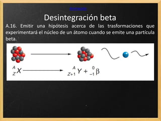 Desintegración beta
Animación
A.16. Emitir una hipótesis acerca de las trasformaciones que
experimentará el núcleo de un átomo cuando se emite una partícula
beta.
 