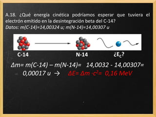 A.18. ¿Qué energía cinética podríamos esperar que tuviera el
electrón emitido en la desintegración beta del C-14?
Datos: m(C-14)=14,00324 u; m(N-14)=14,00307 u
Δm= m(C-14) – m(N-14)= 14,0032 - 14,00307=
0,00017 u → ΔE= Δm ·c2= 0,16 MeV
C-14 N-14 ¿EC?
 