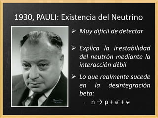 1930, PAULI: Existencia del Neutrino
 Muy difícil de detectar
 Explica la inestabilidad
del neutrón mediante la
interacción débil
 Lo que realmente sucede
en la desintegración
beta:
n → p + e- +
 