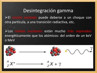Desintegración gamma
A.19. Teniendo en cuenta que la emisión de rayos gamma de un
núcleo es muy parecida a la emisión de fotones por átomos
excitados, proponer una hipótesis de las transformaciones que
experimenta un núcleo al emitir fotones.
Existencia de niveles, núcleo en estado excitado pasa a
estado inferior o fundamental emitiendo un fotón
 