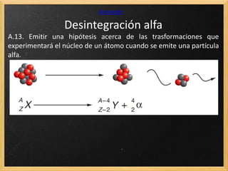 Desintegración alfa
Animación
A.13. Emitir una hipótesis acerca de las trasformaciones que
experimentará el núcleo de un átomo cuando se emite una partícula
alfa.
 