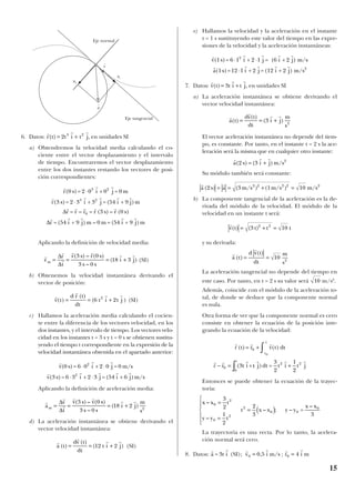 6. Datos: en unidades SI
a) Obtendremos la velocidad media calculando el co-
ciente entre el vector desplazamiento y el intervalo
de tiempo. Encontraremos el vector desplazamiento
entre los dos instantes restando los vectores de posi-
ción correspondientes:
Aplicando la definición de velocidad media:
(SI)
b) Obtenemos la velocidad instantánea derivando el
vector de posición:
(SI)
c) Hallamos la aceleración media calculando el cocien-
te entre la diferencia de los vectores velocidad, en los
dos instantes, y el intervalo de tiempo. Los vectores velo-
cidad en los instantes t = 3 s y t = 0 s se obtienen sustitu-
yendo el tiempo t correspondiente en la expresión de la
velocidad instantánea obtenida en el apartado anterior:
Aplicando la definición de aceleración media:
d) La aceleración instantánea se obtiene derivando el
vector velocidad instantánea:
(SI)
e) Hallamos la velocidad y la aceleración en el instante
t = 1 s sustituyendo este valor del tiempo en las expre-
siones de la velocidad y la aceleración instantáneas:
7. Datos: en unidades SI
a) La aceleración instantánea se obtiene derivando el
vector velocidad instantánea:
El vector aceleración instantánea no depende del tiem-
po, es constante. Por tanto, en el instante t = 2 s la ace-
leración será la misma que en cualquier otro instante:
Su módulo también será constante:
b) La componente tangencial de la aceleración es la de-
rivada del módulo de la velocidad. El módulo de la
velocidad en un instante t será:
y su derivada:
La aceleración tangencial no depende del tiempo en
este caso. Por tanto, en t = 2 s su valor será m/s2
.
Además, coincide con el módulo de la aceleración to-
tal, de donde se deduce que la componente normal
es nula.
Otra forma de ver que la componente normal es cero
consiste en obtener la ecuación de la posición inte-
grando la ecuación de la velocidad:
Entonces se puede obtener la ecuación de la trayec-
toria:
La trayectoria es una recta. Por lo tanto, la acelera-
ción normal será cero.
8. Datos: (SI); ;
r r
r0 4= i m
r r
v0 0 5= , i m/s
r r
a = 3t i
y – y =
x – x
3
0
0
t x – x2
0= ( )2
3
;
x – x t
y – y t
0
2
0
2
=
=






3
2
1
2
r r r r r r
r r
t
− = +∫0
0
(3t i +t j)dt =
3
2
t i
1
2
t j2 2
dt
r
v( )t
r r
r (t) r0= + ∫t
t
0
10
r
r
a (t)
d v(t)
dt
= = 10 2
m
s
r
v(t) t) t t2 2
= + =(3 10
r r
a(2 s) a m/s ) (1m/s ) m/s2 2 2 2 2
= = + =(3 10
r r r
a(2 s) i j m/s2
= +( )3
r
r r r
a(t)
dv(t)
dt
3 i j
s2
= = +( )
m
r r r
v(t) 3t i t j,= +
r r r r r
r r r r r
v(1s)= 6 1 i + 2 1 j = (6 i + 2 j) m/s
a(1s)=12 1 i + 2 j =(12 i + 2 j) m/s
2
2
⋅ ⋅
⋅
r
r r r
a (t)
dv (t)
dt
t i j= = +( )12 2
r
r
r
r r r r
a
v
t
v(3 s) – v(0 s)
3 s – 0 s
i jm = = = +
∆
∆
( )18 2 2
m
s
r r r
r r r r r
v(0 s)= 6 0 i + 2 0 j = m/s
v(3 s)= 6 3 i + 2 3 j =(54 i + 6 j)m/s
2
2
⋅ ⋅
⋅ ⋅
0
r
r r r
v
d r (t)
dt
6 t2
( ) ( )t i t j= = + 2
r
r
r
r r r r
v
r
t
r(3 s) – r(0 s)
3 s – 0 s
i jm = = = +
∆
∆
( )18 3
r r r
r r r r r
r r r r r
r r r r r
r(0 s)= 2 0 i + 0 j =
r(3 s)= 2 3 i + 3 j =(54 i + 9 j)m
r = r – r = r (3 s) – r (0 s)
r =(54 i + 9 j)m – 0 m =(54 i + 9 j)m
3 2
3 2
0
⋅
⋅
0 m
∆
∆
r r r
r(t) 2t i t j,2
= +3
15
Eje normal
an
at
Eje tangencial
a
t
v
t
 