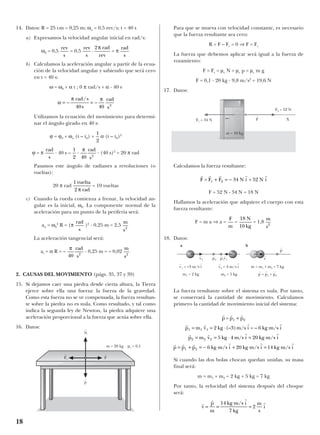 14. Datos: R = 25 cm = 0,25 m; ωo = 0,5 rev/s; t = 40 s
a) Expresamos la velocidad angular inicial en rad/s:
ω0 = 0,5 = 0,5 = π
b) Calculamos la aceleración angular a partir de la ecua-
ción de la velocidad angular y sabiendo que será cero
en t = 40 s:
ω = ω0 + α t ; 0 π rad/s + α · 40 s
Utilizamos la ecuación del movimiento para determi-
nar el ángulo girado en 40 s:
ϕ = ϕ0 + ωo (t – t0) + α (t – t0)2
ϕ = π · 40 s – · · (40 s)2
= 20 π rad
Pasamos este ángulo de radianes a revoluciones (o
vueltas):
20 π rad = 10 vueltas
c) Cuando la rueda comienza a frenar, la velocidad an-
gular es la inicial, ω0. La componente normal de la
aceleración para un punto de la periferia será:
an = ω0
2
R = (π )2
· 0,25 m = 2,5
La aceleración tangencial será:
at = α R = – · 0,25 m = – 0,02
2. CAUSAS DEL MOVIMIENTO (págs. 35, 37 y 39)
15. Si dejamos caer una piedra desde cierta altura, la Tierra
ejerce sobre ella una fuerza: la fuerza de la gravedad.
Como esta fuerza no se ve compensada, la fuerza resultan-
te sobre la piedra no es nula. Como resultado, y tal como
indica la segunda ley de Newton, la piedra adquiere una
aceleración proporcional a la fuerza que actúa sobre ella.
16. Datos:
Para que se mueva con velocidad constante, es necesario
que la fuerza resultante sea cero:
R = F – Fr = 0 ⇒ F = Fr
La fuerza que debemos aplicar será igual a la fuerza de
rozamiento:
F = Fr = µc N = µc p = µc m g
F = 0,1 · 20 kg · 9,8 m/s2
= 19,6 N
17. Datos:
Calculamos la fuerza resultante:
F = 52 N - 34 N = 18 N
Hallamos la aceleración que adquiere el cuerpo con esta
fuerza resultante:
F = m a ⇒ a = = = 1,8
18. Datos:
La fuerza resultante sobre el sistema es nula. Por tanto,
se conservará la cantidad de movimiento. Calculamos
primero la cantidad de movimiento inicial del sistema:
Si cuando las dos bolas chocan quedan unidas, su masa
final será:
m = m1 + m2 = 2 kg + 5 kg = 7 kg
Por tanto, la velocidad del sistema después del choque
será:
r
r r
r
v
p
m
14 kg m/s i
7 kg
2 i= =
⋅
=
m
s
r r r
r r r r
r r r r
r r r r r r
p = p p
p m v 2 kg m/s i = – 6 kg m/s i
p m v 5 kg 4 m/s i 20 kg m/s i
p p p 6 kg m/s i 20 kg m/s i 14 kg m/s i
1 2
1 1 1
2 2 2
1 2
+
= = ⋅ ⋅
= = ⋅ = ⋅
= + = − ⋅ + ⋅ = ⋅
(– )3
m
s2
18 N
10 kg
F
m
r r r r r
F = F F N i + 52 N i1 2+ = − 34
m
s2
π
40
rad
s2
m
s2
rad
s
1 vuelta
2 radπ
π
40 2
rad
s
1
2
rad
s
1
2
α
π π
= − = −
rad s
s s
/
40 40 2
rad
rad
s
rev
s
2 rad
rev
⋅
πrev
s
18
N
t
m = 20 kg µc = 0,1
F
t
r F
t
p
t
F
t
X
F2 = 52 N
F1 = 34 N
m = 10 kg
m2
a b
m1
m1 = 2 kg
v
t
1 = –3 m/s i
t
m2 = 5 kg
v
t
2 = 4 m/s i
t
p
t
= p
t
1 + p
t
2
m = m1 + m2 = 7 kg
m p
t
v
t
v
t
2 p
t
2 p
t
1v
t
1
 