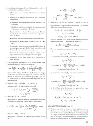 3. Identificamos las etapas del método científico en la evo-
lución de los modelos de universo:
— Observación de la realidad: observación del firma-
mento.
— Formulación de hipótesis: aparecen en este caso distin-
tas hipótesis:
• Modelo de universo geocéntrico de Aristóteles y de
Ptolomeo.
• Modelo heliocéntrico de Copérnico, propuesto an-
teriormente por Aristarco de Samos.
— Experimentación: en el caso de la astronomía, debería-
mos hablar más bien de observaciones rigurosas y
toma de datos:
• Primeras observaciones con telescopio de Galileo.
• Catálogo de Tycho Brahe y observaciones de J. Ke-
pler.
— Organización de los datos experimentales: elaboración de
un catálogo estelar por Tycho Brahe y estudios de J.
Kepler sobre las observaciones anteriores.
— Extracción de conclusiones y formulación de leyes: las tres
leyes del movimiento de los planetas de Kepler.
— Elaboración de una teoría: teoría de la gravitación de
Isaac Newton.
4. Para determinar las unidades de G, despejamos la cons-
tante de la ley de la gravitación universal:
El valor de G es 6,67·10–11
N·m2
·kg–2
. Este valor es tan pe-
queño que, a menos que alguna de las masas sea muy
grande, la fuerza de atracción es inapreciable y por tan-
to, predominan fácilmente otras fuerzas por encima de
la gravitatoria.
5. Datos: m = 250 g = 0,25 kg; r = 10 cm = 0,1 m
Aplicamos la ley de la gravitación universal:
6. Datos: F = 10–10
N; r = 0,5 m
Despejamos la masa de la ley de la gravitación universal,
teniendo en cuenta que los dos objetos son iguales:
7. Datos: m = 2 kg; F = 10–7
N
Despejamos la distancia de la ley de la gravitación univer-
sal:
8. Datos: m1 = 3 kg; = (–2, 4) m; m2 = 1,5 kg; = (5, –1) m
Determinamos en primer lugar el módulo y la direción
del vector que une las dos masas:
El vector unitario en la dirección de la recta que une la
masa 1 con la masa 2 y sentido de m1 a m2 será:
El vector unitario con sentido de m2 a m1 será opuesto
a
a) Calculamos la fuerza 12 con que m1 atrae a m2:
b) Calculamos la fuerza 21 con que m2 atrae a m1:
c) El módulo de las dos fuerzas será igual debido a que
son fuerzas de acción y reacción:
2. CONCEPTO DE CAMPO (pág. 59)
9. Decimos que existe un campo en cierta región cuando en
ella hay una perturbación, real o ficticia, caracterizada
por el valor de una magnitud en cada punto. Un ejemplo
de campo escalar es la densidad de un contaminante ver-
tido en un lago. Un campo vectorial es el campo de velo-
cidades de las partículas de un fluido en movimiento.
r r
r r
r r
F F
F F N
F F N
12 21
12 21
2 2 11
12 21
12
0 33 0 23 10
4 10
=
= = − + ⋅
= = ⋅
−
−
( , ) ( , )
r r
r r
r r r
F G
m m
r
u
F
N m
kg
kg kg
m
i j
F i j N
21
1 2
2 2
21
11
2
2 2
21
11
6 67 10
1 5 3
8 6
0 8 0 6
0 33 0 23 10
= −
= − ⋅
⋅
⋅
⋅
− −
= − ⋅
−
−
,
,
( , )
( , , )
( , – , )
r
F
r r
s r r
r r r
F G
m m
r
u
F
N m
kg
kg kg
m
i j
F i j N
12
1 2
2 1
12
11
2
2 2
12
11
6 67 10
3 1 5
8 6
0 8 0 6
0 33 0 23 10
= −
= − ⋅
⋅ ⋅
−
= − + ⋅
−
−
,
,
( , )
( , , )
( , , )
r
F
u u i j2 1 0 8 0 6= − = − −
r r r
, ,
r
u1
r
r r r
r r
u
r
r
i j m
m
i j1
12 7 5
8 6
0 8 0 6= =
−
= −
( )
,
, ,
r r r r r
r r r
r
r r r i j m
r i j m
r r m
12 2 1
12
12
2 2
5 2 1 4
7 5
7 5 8 6
= − = − − + − −[ ]
=
= = + − =
( ( )) ( )
( – )
( ) ,
r
r2
r
r1
F G
m
r
r
G m
F
F
N m
kg
kg
N
m
= =
=
⋅
⋅
= ⋅
−
−
−
2
2
2
11
2
2
2
7
2
6 67 10 2
10
5 2 10
;
, ( )
,
F G
m
r
m
F r
G
N m
N m
kg
kg= = =
⋅
⋅
⋅
=
−
−
2
2
2 10 2
11
2
2
10 0 5
6 67 10
0 6;
( , )
,
,
F G
m
r
N m
kg
kg
m
F N
= = ⋅
⋅
⋅
= ⋅
−
−
2
2
11
2
2
2
2
10
6 67 10
0 25
0 1
4 2 10
,
( , )
( , )
,
F G
m m
r
G
F r
m m
G
F L
M
N m
kg
= = [ ]=
[ ]⋅[ ]
[ ]
=
⋅1 2
2
2
1 2
2
2
2
2
; ;
33
 