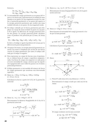 Entonces,
38. La intensidad del campo gravitatorio en un punto del es-
pacio es la fuerza que experimentaría la unidad de masa
situada en ese punto. Es una magnitud vectorial. En cam-
bio, el potencial gravitatorio en un punto del espacio es
la energía potencial gravitatoria que tendría una masa
unidad colocada en ese punto. Es una magnitud escalar.
39. El trabajo realizado por la fuerza gravitatoria para des-
plazar un cuerpo de masa m desde un punto A a un pun-
to B es igual a la diferencia de energía potencial entre
los dos puntos. La energía potencial puede calcularse
como el producto del potencial por la masa, de forma
que:
Es decir, el trabajo es igual al producto de la masa por la
diferencia de potencial gravitatorio.
40. Al separar dos masas, su energía potencial gravitatoria au-
menta. Las masas se desplazan por acción de una fuerza
exterior al campo gravitatorio, por tanto el trabajo reali-
zado por el campo es negativo.
41. Para representar un campo de fuerzas como el gravitato-
rio, se utilizan líneas de campo y superficies equipoten-
ciales. Las líneas de campo son tangentes en cada punto
al vector intensidad de campo, mientras que las superfi-
cies equipotenciales unen todos los puntos con el mismo
potencial gravitatorio.
42. El flujo gravitatorio es una medida del número de líneas
de campo gravitatorio que atraviesan una determinada
superficie.
43. Datos: m1 = 150 g = 0,15 kg; m2 = 200 g = 0,20 kg;
d = 10 cm = 0,1 m
Calculamos la fuerza a partir de la ley de la gravitación
universal:
44. Datos: m1 = m2 = m = 10 kg; F = 10–5
N
Determinamos la distancia despejándola de la ley de la
gravitación universal:
45. Datos: m1 = m2 = m; F = 10–4
N; r = 3 mm = 3 · 10–3
m
Determinamos la masa despejándola de la ley de la gravi-
tación universal:
46. Datos: m = 2 kg; d = 50 m = 0,5 m
Determinamos la intensidad del campo gravitatorio crea-
do por la masa puntual:
Calculamos el potencial gravitatorio:
47. Datos:
— Punto P: cada masa está a una distancia r = 0,53 m.
Determinamos el campo creado por cada una de las
masas:
El campo resultante será la suma vectorial:
r r r r
r
g g g i N kg
g g N kg
= + = ⋅
= = ⋅
−
−
1 2
10
10
2 3 10
2 3 10
,
,
r r
r r
r r
r r
r r
r
g G
m
r
u
g
N m
kg
kg
m
i
g i N kg
g G
m
r
u
g
N m
kg
kg
m
i
g
1
1
2 1
1
11
2
2 2
1
10
2
2
2 2
2
11
2
2 2
2
6 67 10
1
0 53
2 4 10
6 67 10
2
0 53
4 7 10
= − =
= − ⋅
⋅
⋅
= − ⋅
= − =
= − ⋅
⋅
⋅
= ⋅
−
−
−
−
,
( , )
,
,
( , )
(– )
, 1010
r
i N kg
V G
m
r
V
N m
kg
kg
m
J
kg
=
= − ⋅
⋅
⋅ = − ⋅− −
6 67 10
2
0 5
2 7 1011
2
2
10
,
,
,
g G
m
r
g
N m
kg
kg
m
N
kg
=
= ⋅
⋅
⋅ = ⋅− −
2
11
2
2 2
10
6 67 10
2
0 5
5 3 10,
( , )
,
m
N m
N m
kg
kg=
⋅ ⋅
⋅
⋅
=
− −
−
10 3 10
6 67 10
3 7
4 3 2
11
2
2
( )
,
,
F G
m
r
m
F r
G
= =
2
2
2
;
F G
m m
r
G
m
r
r
G m
F
r
N m
kg
kg
N
m
= = =
=
⋅
⋅
= ⋅
−
−
−
1 2
2
2
2
2
11
2
2
2
5
2
6 67 10 10
10
2 6 10
;
, ( )
,
F G
m m
r
F
N m
kg
kg kg
m
F N
=
= ⋅
⋅
⋅
⋅
= ⋅
−
−
1 2
2
11
2
2 2
10
6 67 10
0 15 0 20
0 1
2 10
,
, ,
( , )
W Ep Ep Ep mV mV m V VA B A B A B= − = − = − = −∆ ( )
W Ec Ec
W Ep Ep
Ec Ep Ec Ep
B A
A B
A A B B
= −
= −



+ = +
40
g
t
1
g
t
1
g
t
p g
t
2
u
t
2 u
t
1
g
t
2
P
1,06 m
m1 = 1 kg m2 = 2 kg
0,75 m
Q
0,75 m
g
t
Q
r
u2
r
u1
 