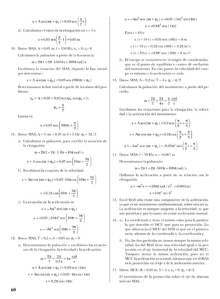 d) Calculamos el valor de la elongación en t = 1 s:
10. Datos: MAS; A = 0,03 m; f = 150 Hz; x0 = A; t0= 0
Calculamos la pulsación a partir de la frecuencia:
Escribimos la ecuación del MAS, dejando la fase inicial
por determinar:
Determinamos la fase inicial a partir de los datos del pro-
blema:
Entonces:
11. Datos: MAS; A = 3 cm = 0,03 m; f = 5 Hz; ϕ0 = 3π/2
a) Calculamos la pulsación, para escribir la ecuación de
la elongación:
b) Escribimos la ecuación de la velocidad:
c) La ecuación de la aceleración es:
12. Datos: MAS; T = 0,5 s; A = 0,05 m; ϕ0 = 0
a) Determinamos la pulsación y escribimos las ecuacio-
nes de la elongación, la velocidad y la aceleración:
Para t = 10 s:
x (t = 10 s) = 0,05 sen (40π) = 0 m
v (t = 10 s) = 0,2π cos (40π) = 0,2π m/s
a (t = 10 s) = –0,8π2
sen (40π) = 0 m/s2
b) El cuerpo se encuentra en el origen de coordenadas,
que es el punto de equilibrio o centro de oscilación
del movimiento. En este punto, la velocidad del cuer-
po es máxima y la aceleración es nula.
13. Datos: MAS; A = 0,2 m; T = 4 s; ϕ0 = π/3
Calculamos la pulsación del movimiento a partir del pe-
ríodo:
Escribimos las ecuaciones para la elongación, la veloci-
dad y la aceleración del movimiento:
14. Datos: MAS; f = 50 Hz; x = –0,001 m
Determinamos la pulsación:
Hallamos la aceleración a partir de su relación con la
elongación:
15. En el MAS sólo existe una componente de la aceleración,
ya que es un movimiento unidimensional, sobre una recta.
La aceleración es siempre tangente a la velocidad, ya que
son paralelas y, por lo tanto, no existe aceleración normal.
16. a) La coordenada x tiene el mismo valor para la partícu-
la que describe el MCU que para su proyección. Lo
que diferencia el MCU del MAS es que en el primero
varía, además de la coordenada x, la coordenada y.
b) No, las dos partículas no tienen siempre la misma velo-
cidad. La del MAS tiene una velocidad igual a la pro-
yección en el eje horizontal de la velocidad del MCU.
Tampoco tienen la misma aceleración, pues en el
MCU la aceleración es normal, mientras que en el MAS
es la proyección en el eje x de la aceleración anterior.
17. Datos: MCU; R = 0,20 m; T = 2 s; x0 = 0; ϕ0 = π/2
El movimiento de la proyección sobre el eje de abscisas
será un MAS.
a m s= 10 2 2
π /
a x rad s m= = ⋅– –( / ) (– , )ω π2 2
100 0 001
ω π π π= = ⋅ =2 2 50 100f Hz rad s/
a A t t= + = +





– sen ( ) – , senω ω ϕ π
π π2
0
2
0 05
2 3
v A t t= + = +





ω ω ϕ π
π π
cos( ) , cos0 0 1
2 3
x A t t= + = +





sen( ) , senω ϕ
π π
0 0 2
2 3
ω
π π π
= = =
2 2
4 2T s
rad
s
a t= – , sen ( )0 8 42
π π
a A t t= + = ⋅– sen ( ) – , ( ) sen( )ω ω ϕ π π2
0
2
0 05 4 4
v t= 0 2 4, cos( )π π
v A t t= + = ⋅ω ω ϕ π πcos( ) , cos( )0 0 05 4 4
x A t t= + =sen( ) , sen ( )ω ϕ π0 0 05 4
ω
π π
π= = =
2 2
0 5
4
T s
rad
s,
a t= +





– sen3 10
3
2
2
π π
π
a t= ⋅ +





– , ( ) sen0 03 10 10
3
2
2
π π
π
a A t= +– sen ( )ω ω ϕ2
0
v t= +





0 3 10
3
2
, cosπ π
π
v A t t= + = ⋅ +





ω ω ϕ π π
π
cos( ) , cos0 0 03 10 10
3
2
x A t t= + = +





sen( ) , senω ϕ π
π
0 0 03 10
3
2
ω π π π= = ⋅ =2 2 5 10f Hz rad s/
x t= +





0 03 300
2
, sen π
π
ϕ
π
0
2
=
x A0 0 00 03 0 03 1= = = =, , sen ;sen ;ϕ ϕ
x A t t= + = +sen( ) , sen ( )ω ϕ π ϕ0 00 03 300
ω π π π= = ⋅ =2 2 150 300f Hz rad s/
x m= ⋅





 =0 05
2
1 0 05, sen ,
π
x A t t= + =





sen( ) , senω ϕ
π
0 0 05
2
60
 
