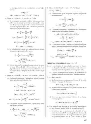 La energía cinética es la energía total menos la po-
tencial:
33. Datos: m = 0,5 kg; A = 10 cm = 0,1 m; T = 2 s
a) Determinamos la energía total del sistema, que coin-
cidirá con la energía potencial máxima en los extre-
mos de la trayectoria, y con la cinética máxima en el
punto de equilibrio. Para ello, calculamos primero la
pulsación a partir del período:
b) La velocidad del cuerpo será máxima cuando sea má-
xima su energía cinética. Por tanto:
c) En este sistema, la energía sólo depende de las carac-
terísticas del muelle (K) y del movimiento (A). Es in-
dependiente de la masa del cuerpo. Por tanto, con
un cuerpo de m = 2 kg tendríamos los mismos resul-
tados.
34. Datos: m = 0,5 kg; L = 1 m; α = 8° = 0,14 rad; g = 9,8 m/s2
a) Hallamos la pulsación y la amplitud para determinar
la energía potencial máxima, Ep:
b) Calculamos la velocidad máxima a partir de la ener-
gía cinética máxima:
35. Datos: L = 0,248 m; T = 1 s; α = 18° = 0,314 rad;
m = 5 g = 0,005 kg
a) Determinamos g en ese punto a partir del período
del movimiento:
b) Hallamos la amplitud y la pulsación del movimiento
para calcular la velocidad máxima:
c) La fuerza que tiende a llevarlo a la posición de equili-
brio es máxima en los puntos de máxima elongación:
EJERCICIOS Y PROBLEMAS (págs. 116 y 117)
36. a) La aceleración de un oscilador armónico, en el pun-
to donde la velocidad es máxima, es nula (esto ocu-
rre en el punto de equilibrio, de elongación nula).
b) Cuando la elongación es máxima, la aceleración es
también máxima, mientras que la velocidad es nula.
37. x = A sen (ωt + ϕ0)
a) Si el movimiento comienza en el centro de la oscila-
ción, x = 0 para t = 0. Por tanto:
ó π
b) Si el movimiento empieza en el punto extremo de las
elongaciones positivas:
c) En el caso que comience en el extremo de las elonga-
ciones negativas:
38. Una partícula que describe un MAS en un período reco-
rre una distancia igual al doble de la amplitud, x = 2A.
— Si sabemos que en un instante la velocidad de una
partícula en una MAS es nula, podemos decir que la
partícula está en uno de los puntos extremos, pero
no podemos saber si está en x = A o en x = –A. Tam-
– sen ;sen – ;A A= = =ϕ ϕ ϕ
π
0 0 01
3
2
A A= = =sen ;sen ;ϕ ϕ ϕ
π
0 0 01
2
0 0 00 0 0= = =A sen ;sen ;ϕ ϕ ϕ
F
kg
m
s
m
m Nmax = ±
⋅
⋅ = ±
0 005 9 79
0 248
0 078 0 015
2
, ,
,
, ,
F Kx F KA
m g
L
Amax= = ± =;
v A m rad s m smax = ± = ± ⋅ = ±ω π0 078 2 0 49, / , /
ω
π π
π= = =
2 2
1
2
T s
rad
s
A L rad m m= = ⋅ =α 0 314 0 248 0 078, , ,
g
m
s
g m s= =4
0 248
1
9 792
2
2
π
,
( )
; , /
T
L
g
g
L
T
= =2 4 2
2
π π;
v
J
kg
m smax = ±
⋅
= ±
2 0 05
0 5
0 45
,
,
, /
Ec m v Ec Ep v
Ec
m
max max max
max
= = = ±
1
2
22
; ;
Ep kg
rad
s
m Jmax = ⋅ ⋅





 ⋅ =
1
2
0 5 3 1 0 14 0 05
2
2
, , ( , ) ,
Ep E K A m Amax = = =
1
2
1
2
2 2 2
ω
A L rad m m= = ⋅ =α 0 14 1 0 14, ,
ω ω= = =
g
L
m
s
m
rad s;
,
, /
9 8
1
3 1
2
v
J
kg
m smax = ±
⋅
= ±
2 0 02
0 5
0 3
,
,
, /
Ec m v v
Ec
m
max
max
= = ±
1
2
22
;
Ec Ep E Jmax max= = = 0 02,
E kg
rad
s
m= ⋅ ⋅





 ⋅
1
2
0 5 0 1
2
2
, ( , )π
Ec Ep E K A m Amax max= = = =
1
2
1
2
2 2 2
ω
ω
π
ω
π
π= = =
2 2
2T s
rad
s
;
Ec E Ep Ec J J J= = ⋅ =– ; , – ,–
0 012 2 10 0 013
E Ep Ec= +
65
 