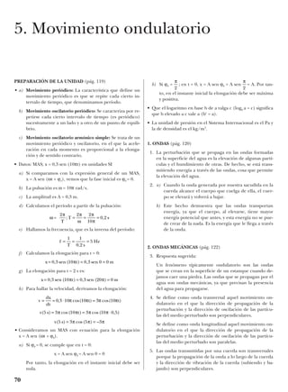 PREPARACIÓN DE LA UNIDAD (pág. 119)
• a) Movimiento periódico: La característica que define un
movimiento periódico es que se repite cada cierto in-
tervalo de tiempo, que denominamos período.
b) Movimiento oscilatorio periódico: Se caracteriza por re-
petirse cada cierto intervalo de tiempo (es periódico)
sucesivamente a un lado y a otro de un punto de equili-
brio.
c) Movimiento oscilatorio armónico simple: Se trata de un
movimiento periódico y oscilatorio, en el que la acele-
ración en cada momento es proporcional a la elonga-
ción y de sentido contrario.
• Datos: MAS; x = 0,3 sen (10πt) en unidades SI
a) Si comparamos con la expresión general de un MAS,
x = A sen (ωt + ϕo), vemos que la fase inicial es ϕ0 = 0.
b) La pulsación es ω = 10π rad/s.
c) La amplitud es A = 0,3 m.
d) Calculamos el período a partir de la pulsación:
e) Hallamos la frecuencia, que es la inversa del período:
f) Calculamos la elongación para t = 0:
g) La elongación para t = 2 s es:
h) Para hallar la velocidad, derivamos la elongación:
• Consideramos un MAS con ecuación para la elongación
x = A sen (ωt + ϕ0).
a) Si ϕ0 = 0, se cumple que en t = 0:
x = A sen ϕ0 = A sen 0 = 0
Por tanto, la elongación en el instante inicial debe ser
nula.
b) Si ϕ0 = ; en t = 0, x = A sen ϕ0 = A sen = A. Por tan-
to, en el instante inicial la elongación debe ser máxima
y positiva.
• Que el logaritmo en base b de a valga c (logb a = c) significa
que b elevado a c vale a (bc
= a).
• La unidad de presión en el Sistema Internacional es el Pa y
la de densidad es el kg/m3
.
1. ONDAS (pág. 120)
1. La perturbación que se propaga en las ondas formadas
en la superficie del agua es la elevación de algunas partí-
culas y el hundimiento de otras. De hecho, se está trans-
mitiendo energía a través de las ondas, cosa que permite
la elevación del agua.
2. a) Cuando la onda generada por nuestra sacudida en la
cuerda alcance el cuerpo que cuelga de ella, el cuer-
po se elevará y volverá a bajar.
b) Este hecho demuestra que las ondas transportan
energía, ya que el cuerpo, al elevarse, tiene mayor
energía potencial que antes, y esta energía no se pue-
de crear de la nada. Es la energía que le llega a través
de la onda.
2. ONDAS MECÁNICAS (pág. 122)
3. Respuesta sugerida:
Un fenómeno típicamente ondulatorio son las ondas
que se crean en la superficie de un estanque cuando de-
jamos caer una piedra. Las ondas que se propagan por el
agua son ondas mecánicas, ya que precisan la presencia
del agua para propagarse.
4. Se define como onda transversal aquel movimiento on-
dulatorio en el que la dirección de propagación de la
perturbación y la dirección de oscilación de las partícu-
las del medio perturbado son perpendiculares.
Se define como onda longitudinal aquel movimiento on-
dulatorio en el que la dirección de propagación de la
perturbación y la dirección de oscilación de las partícu-
las del medio perturbado son paralelas.
5. Las ondas transmitidas por una cuerda son transversales
porque la propagación de la onda a lo largo de la cuerda
y la dirección de vibración de la cuerda (subiendo y ba-
jando) son perpendiculares.
π
2
π
2
v s t
v s
( ) cos( ) cos( , )
( ) cos( ) –
5 3 10 3 10 0 5
5 3 5 3
= = ⋅
= =
π π π π
π π π
v
dx
dt
t t= = ⋅ =0 3 10 10 3 10, cos( ) cos( )π π π π
x= = =0 3 10 0 3 20 0, sen ( ) , sen ( )π πt m
x= = =0 3 10 0 3 0 0, sen ( ) , senπt m
f = = =
1 1
0 2
5
T s
Hz
,
ω
π π
ω
π
π
=
2
T
; ,T s= = =
2 2
10
0 2
70
5. Movimiento ondulatorio
 