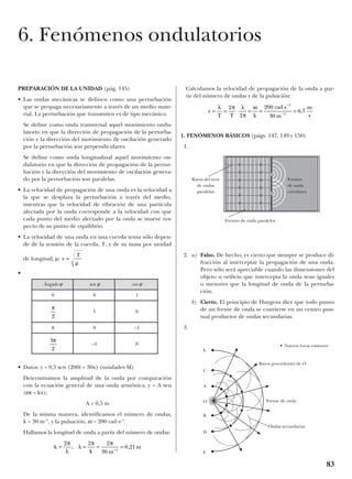 PREPARACIÓN DE LA UNIDAD (pág. 145)
• Las ondas mecánicas se definen como una perturbación
que se propaga necesariamente a través de un medio mate-
rial. La perturbación que transmiten es de tipo mecánico.
Se define como onda transversal aquel movimiento ondu-
latorio en que la dirección de propagación de la perturba-
ción y la dirección del movimiento de oscilación generado
por la perturbación son perpendiculares.
Se define como onda longitudinal aquel movimiento on-
dulatorio en que la dirección de propagación de la pertur-
bación y la dirección del movimiento de oscilación genera-
do por la perturbación son paralelas.
• La velocidad de propagación de una onda es la velocidad a
la que se desplaza la perturbación a través del medio,
mientras que la velocidad de vibración de una partícula
afectada por la onda corresponde a la velocidad con que
cada punto del medio afectado por la onda se mueve res-
pecto de su punto de equilibrio.
• La velocidad de una onda en una cuerda tensa sólo depen-
de de la tensión de la cuerda, T, y de su masa por unidad
de longitud, µ:
•
• Datos: y = 0,5 sen (200t – 30x) (unidades SI)
Determinamos la amplitud de la onda por comparación
con la ecuación general de una onda armónica, y = A sen
(ωt – kx):
A = 0,5 m
De la misma manera, identificamos el número de ondas,
k = 30 m–1
, y la pulsación, ω = 200 rad·s–1
.
Hallamos la longitud de onda a partir del número de ondas:
Calculamos la velocidad de propagación de la onda a par-
tir del número de ondas y de la pulsación:
1. FENÓMENOS BÁSICOS (págs. 147, 149 y 150)
1.
2. a) Falso. De hecho, es cierto que siempre se produce di-
fracción al interceptar la propagación de una onda.
Pero sólo será apreciable cuando las dimensiones del
objeto u orificio que intercepta la onda sean iguales
o menores que la longitud de onda de la perturba-
ción.
b) Cierto. El principio de Huygens dice que todo punto
de un frente de onda se convierte en un centro pun-
tual productor de ondas secundarias.
3.
v = = ⋅ = =
⋅
=
−
−
λ π λ
π
ω
T T k
rad s
m
m
s
2
2
200
30
6 7
1
1
,
k
k m
m= = = =−
2 2 2
30
0 211
π
λ
λ
π π
; ,
v =
T
µ
83
6. Fenómenos ondulatorios
Ángulo ϕ sen ϕ cos ϕ
0 0 1
1 0
π 0 –1
–1 0
3
2
π
π
2
Rayos del tren
de ondas
paralelas
Frentes de onda paralelos
Frentes
de onda
circulares
• Nuevos focos emisores
E
C
A
O
B
D
F
Rayos procedentes de O
Frente de onda
Ondas secundarias
 