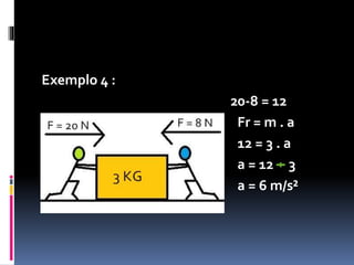 Exemplo 3 : (DGL) 
Fr = m . a 
500 = 250 . a 
a = 500 250 
a = 2 m/s² 
 