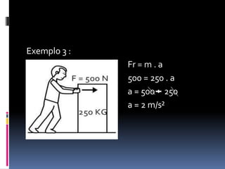 Exemplo 4 : (CLN) 
20-8 = 12 
Fr = m . a 
12 = 3 . a 
a = 12 3 
a = 6 m/s² 
 