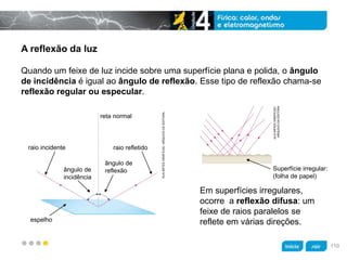 z
A reflexão da luz
Em superfícies irregulares,
ocorre a reflexão difusa: um
feixe de raios paralelos se
reflete em várias direções.
Quando um feixe de luz incide sobre uma superfície plana e polida, o ângulo
de incidência é igual ao ângulo de reflexão. Esse tipo de reflexão chama-se
reflexão regular ou especular.
KLNARTESGRÁFICAS/
ARQUIVODAEDITORA
Superfície irregular:
(folha de papel)
KLNARTESGRÁFICAS/ARQUIVODAEDITORA
raio incidente
ângulo de
incidência
espelho
ângulo de
reflexão
raio refletido
reta normal
110
 