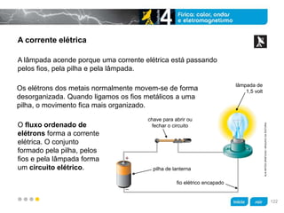z
A corrente elétrica
O fluxo ordenado de
elétrons forma a corrente
elétrica. O conjunto
formado pela pilha, pelos
fios e pela lâmpada forma
um circuito elétrico.
A lâmpada acende porque uma corrente elétrica está passando
pelos fios, pela pilha e pela lâmpada.
Os elétrons dos metais normalmente movem-se de forma
desorganizada. Quando ligamos os fios metálicos a uma
pilha, o movimento fica mais organizado.
KLNARTESGRÁFICAS/ARQUIVODAEDITORA
lâmpada de
1,5 volt
chave para abrir ou
fechar o circuito
pilha de lanterna
fio elétrico encapado
122
 