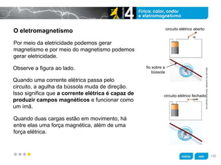z
O eletromagnetismo
Quando uma corrente elétrica passa pelo
circuito, a agulha da bússola muda de direção.
Isso significa que a corrente elétrica é capaz de
produzir campos magnéticos e funcionar como
um ímã.
Observe a figura ao lado.
Por meio da eletricidade podemos gerar
magnetismo e por meio do magnetismo podemos
gerar eletricidade.
Quando duas cargas estão em movimento, há
entre elas uma força magnética, além de uma
força elétrica.
circuito elétrico aberto
fio sobre a
bússola
circuito elétrico fechado
KLNARTESGRÁFICAS/ARQUIVODAEDITORA
130
 