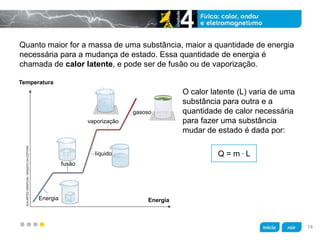 z
Quanto maior for a massa de uma substância, maior a quantidade de energia
necessária para a mudança de estado. Essa quantidade de energia é
chamada de calor latente, e pode ser de fusão ou de vaporização.
O calor latente (L) varia de uma
substância para outra e a
quantidade de calor necessária
para fazer uma substância
mudar de estado é dada por:
Q = m . L
Temperatura
EnergiaEnergia
fusão
líquido
vaporização
gasoso
KLNARTESGRÁFICAS/ARQUIVODAEDITORA
74
 