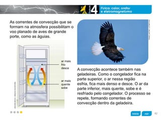 z
As correntes de convecção que se
formam na atmosfera possibilitam o
voo planado de aves de grande
porte, como as águias.
A convecção acontece também nas
geladeiras. Como o congelador fica na
parte superior, o ar nessa região
esfria, fica mais denso e desce. O ar da
parte inferior, mais quente, sobe e é
resfriado pelo congelador. O processo se
repete, formando correntes de
convecção dentro da geladeira.
FRANSLANTING/LATINSTOCK
ADILSONSECCO/ARQUIVODAEDITORA
ar mais
frio
desce
ar mais
quente
sobe
82
 