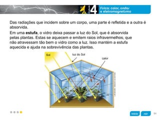 z
Das radiações que incidem sobre um corpo, uma parte é refletida e a outra é
absorvida.
Em uma estufa, o vidro deixa passar a luz do Sol, que é absorvida
pelas plantas. Estas se aquecem e emitem raios infravermelhos, que
não atravessam tão bem o vidro como a luz. Isso mantém a estufa
aquecida e ajuda na sobrevivência das plantas.
Sol luz do Sol
calor
LUÍSMOURA/ARQUIVODAEDITORA
84
 