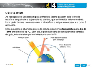z
O efeito estufa
Esse processo é chamado de efeito estufa e mantém a temperatura média da
Terra em torno de 15 ºC. Sem ele, o planeta ficaria coberto por uma camada
de gelo, com uma temperatura em torno de -18 ºC.
As radiações do Sol passam pela atmosfera (como passam pelo vidro da
estufa) e esquentam a superfície do planeta, que emite raios infravermelhos.
Uma parte desses raios atravessa a atmosfera e vai para o espaço, e a outra é
absorvida.
Parte do calor escapa
para o espaço.
Parte do calor é
retida na Terra.
radiação solar
atmosfera
LUÍSMOURA/ARQUIVODA
EDITORA 85
 