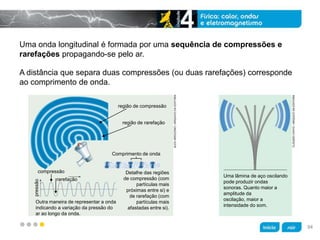 z
Uma onda longitudinal é formada por uma sequência de compressões e
rarefações propagando-se pelo ar.
A distância que separa duas compressões (ou duas rarefações) corresponde
ao comprimento de onda.
região de compressão
região de rarefação
Comprimento de onda
compressão
rarefação
pressão
Outra maneira de representar a onda
indicando a variação da pressão do
ar ao longo da onda.
Detalhe das regiões
de compressão (com
partículas mais
próximas entre si) e
de rarefação (com
partículas mais
afastadas entre si).
ALEXARGOZINO/ARQUIVODAEDITORA
CLÁUDIOCHIYO/ARQUIVODAEDITORA
Uma lâmina de aço oscilando
pode produzir ondas
sonoras. Quanto maior a
amplitude da
oscilação, maior a
intensidade do som.
94
 