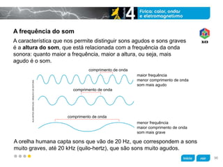 z
A frequência do som
A orelha humana capta sons que vão de 20 Hz, que correspondem a sons
muito graves, até 20 kHz (quilo-hertz), que são sons muito agudos.
KLNARTESGRÁFICAS/ARQUIVODAEDITORA
A característica que nos permite distinguir sons agudos e sons graves
é a altura do som, que está relacionada com a frequência da onda
sonora: quanto maior a frequência, maior a altura, ou seja, mais
agudo é o som.
comprimento de onda
maior frequência
menor comprimento de onda
som mais agudo
menor frequência
maior comprimento de onda
som mais grave
comprimento de onda
comprimento de onda
96
 