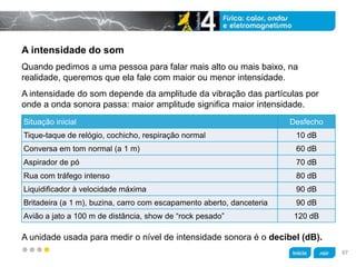 z
A intensidade do som
A unidade usada para medir o nível de intensidade sonora é o decibel (dB).
A intensidade do som depende da amplitude da vibração das partículas por
onde a onda sonora passa: maior amplitude significa maior intensidade.
Quando pedimos a uma pessoa para falar mais alto ou mais baixo, na
realidade, queremos que ela fale com maior ou menor intensidade.
Situação inicial Desfecho
Tique-taque de relógio, cochicho, respiração normal 10 dB
Conversa em tom normal (a 1 m) 60 dB
Aspirador de pó 70 dB
Rua com tráfego intenso 80 dB
Liquidificador à velocidade máxima 90 dB
Britadeira (a 1 m), buzina, carro com escapamento aberto, danceteria 90 dB
Avião a jato a 100 m de distância, show de “rock pesado” 120 dB
97
 