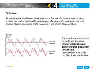 z
O timbre
Cada instrumento musical
ou cada voz humana
produz vibrações que
originam uma onda com
uma forma
característica de cada
um, isto é, de seu timbre.
As notas musicais diferem entre si por sua frequência. Mas a mesma nota
emitida por instrumentos diferentes é percebida por nós de forma diferente
porque cada instrumento emite notas com um timbre característico.
pressão
do ar
nota de
guitarra
nota de
violino
KLNARTESGRÁFICAS/ARQUIVODAEDITORA
98
 