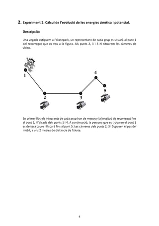 4
2. Experiment 2: Càlcul de l’evolució de les energies cinètica i potencial.
Descripció:
Una vegada estiguem a l’skatepark, un representant de cada grup es situarà al punt 1
del recorregut que es veu a la figura. Als punts 2, 3 i 5 hi situarem les càmeres de
vídeo.
En primer lloc els integrants de cada grup han de mesurar la longitud de recorregut fins
al punt 5, i l’alçada dels punts 1 i 4. A continuació, la persona que es troba en el punt 1
es deixarà caure i lliscarà fins al punt 5. Les càmeres dels punts 2, 3 i 5 graven el pas del
mòbil, a uns 2 metres de distància de l’skate.
1
2 3
4
5
 