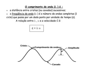 O comprimento de onda ( ) é :
 a distância entre cristas (ou cavados) sucessivos;
 a freqüência de onda ( ) é o número de ondas completas (1
ciclo) que passa por um dado ponto por unidade de tempo (s).
A relação entre  ,  e a velocidade C é:
c =  
 