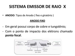 SISTEMA EMISSOR DE RAIO X
• ANODO: Tipos de Anodo ( fixo e giratório )
ANODO FIXO
- Em geral possui corpo de cobre e tungstênio;
- Com o ponto de impacto dos elétrons chamado
ponto focal.
 