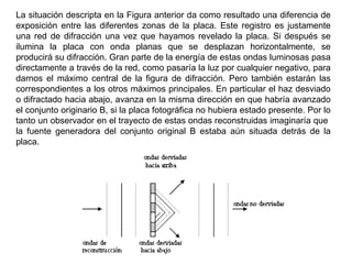 La situación descripta en la Figura anterior da como resultado una diferencia de exposición entre las diferentes zonas de la placa. Este registro es justamente una red de difracción una vez que hayamos revelado la placa. Si después se ilumina la placa con onda planas que se desplazan horizontalmente, se producirá su difracción. Gran parte de la energía de estas ondas luminosas pasa directamente a través de la red, como pasaría la luz por cualquier negativo, para darnos el máximo central de la figura de difracción. Pero también estarán las correspondientes a los otros máximos principales. En particular el haz desviado o difractado hacia abajo, avanza en la misma dirección en que habría avanzado el conjunto originario B, si la placa fotográfica no hubiera estado presente. Por lo tanto un observador en el trayecto de estas ondas reconstruidas imaginaría que  la fuente generadora del conjunto original B estaba aún situada detrás de la placa. 