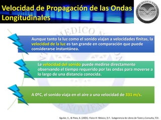 Velocidad de Propagación de las Ondas
Longitudinales
Aguilar, E., & Plata, A. (2005). Física III. México, D.F.: Subgerencia de Libros de Texto y Consulta, FCE.
Aunque tanto la luz como el sonido viajan a velocidades finitas, la
velocidad de la luz es tan grande en comparación que puede
considerarse instantánea.
Le velocidad del sonido puede medirse directamente
observando el tiempo requerido por las ondas para moverse a
lo largo de una distancia conocida.
A 0ºC, el sonido viaja en el aire a una velocidad de 331 m/s.
 