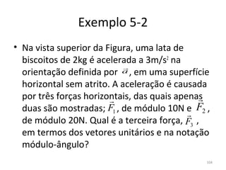 Exemplo 5-2
• Na vista superior da Figura, uma lata de 
  biscoitos de 2kg é acelerada a 3m/s2 na 
                            
  orientação definida por     , em uma superfície 
                            a

  horizontal sem atrito. A aceleração é causada 
  por três forças horizontais, das quais apenas 
                                               
                                               F2
  duas são mostradas;     , de módulo 10N e       , 
                        F1
                                            
  de módulo 20N. Qual é a terceira força,      , 
                                           F3
  em termos dos vetores unitários e na notação 
  módulo-ângulo?
                                                  104
 