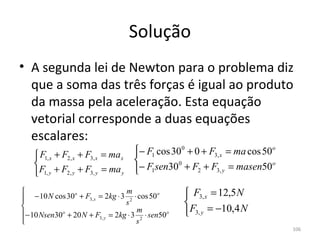 Solução
• A segunda lei de Newton para o problema diz 
  que a soma das três forças é igual ao produto 
  da massa pela aceleração. Esta equação 
  vetorial corresponde a duas equações 
  escalares:
     F1, x + F2, x + F3, x = ma x   − F1 cos 300 + 0 + F3, x = ma cos 50o
                                     
                                    
                                     − F1sen30 + F2 + F3, y = masen50
                                                0                         o
     F1, y + F2, y + F3, y = ma y   



                                    m
    − 10 N cos 30o + F3, x = 2kg ⋅ 3 2 ⋅ cos 50 o    F3, x = 12,5 N

                                    s               
                                        m
− 10 Nsen30o + 20 N + F3, y = 2kg ⋅ 3 2 ⋅ sen50o    F3, y = −10,4 N
                                       s
                                                                              106
 